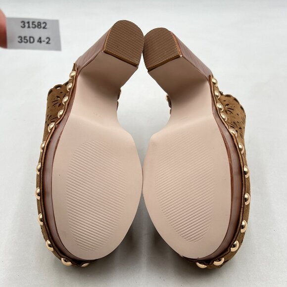 FOWT Tan Studded Round Toe Floral Cut Out Platform Mules Chunky Heel Sandals - Picture 7 of 8